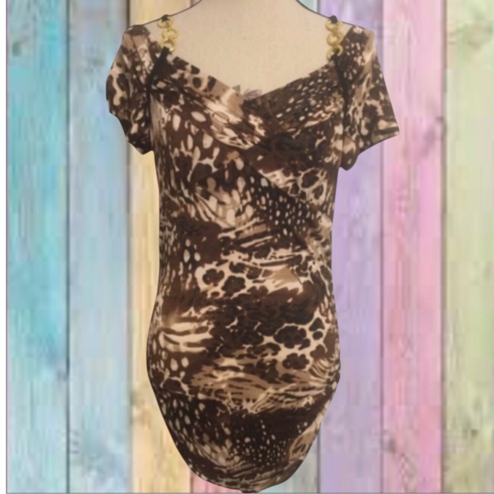 Dots Brown Print Cold Shoulder V-Neck Gold Shimmer Tunic Top